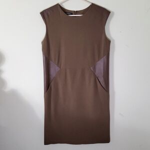 LAFAYETTE 148 NEW York Solid Brown Ponte Leather Insert Dress Size 12 Petite